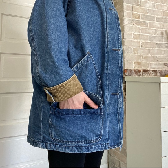 Vintage Dunbrooke Flannel Lined Denim Chore Barn Hunting Coat Corduroy Cotton - Picture 6 of 13